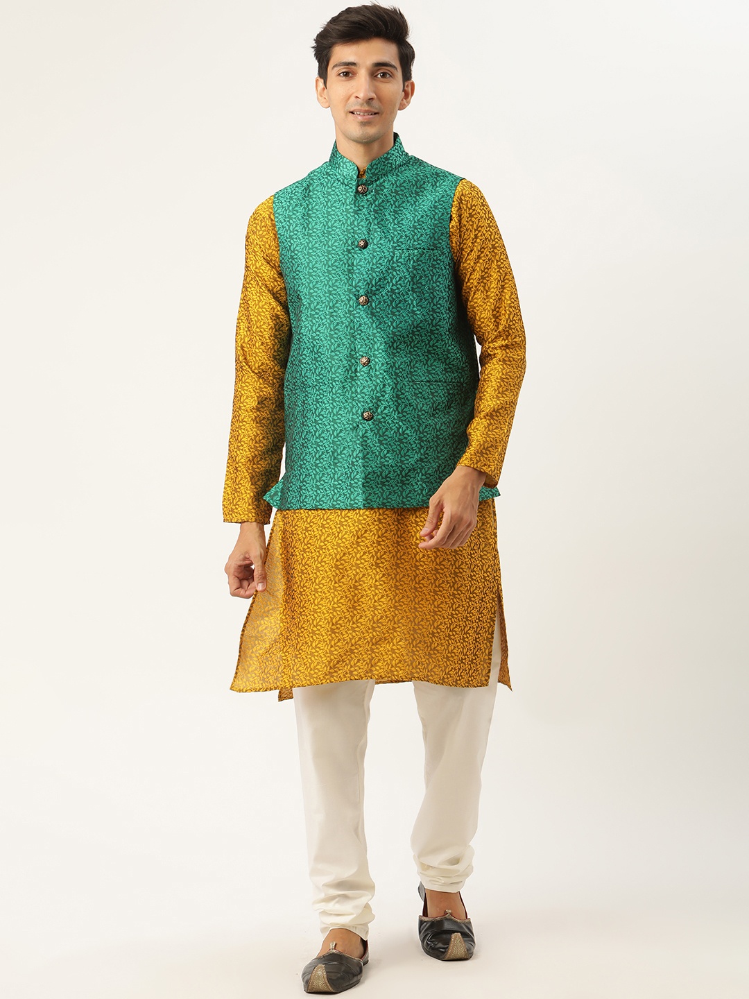 

SOJANYA Men Mustard Yellow Jacquard Silk Kurta with Churidar & Nehru Jacket