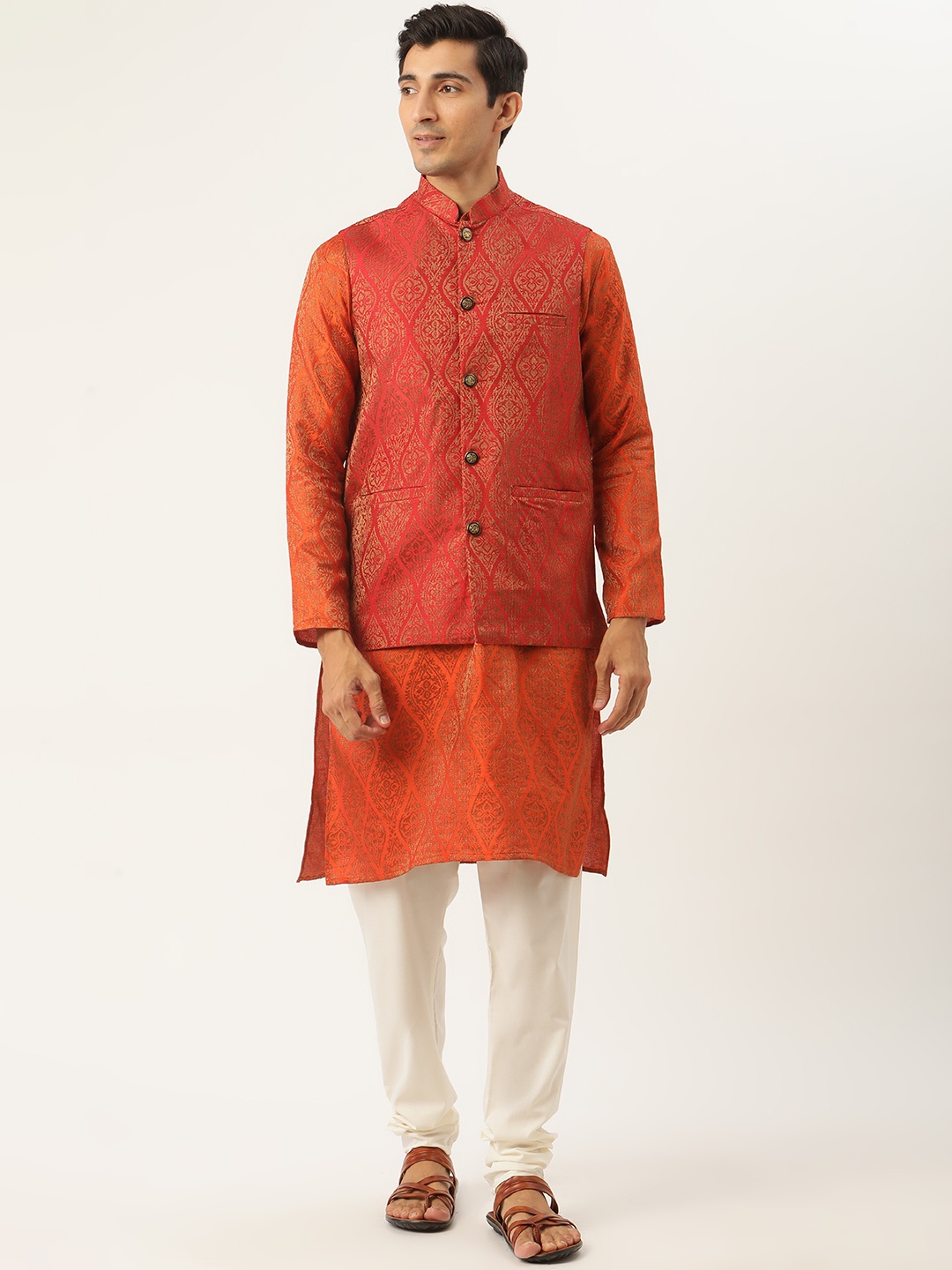 

SOJANYA Men Orange Ethnic Motifs Kurta with Churidar & Nehru Jacket