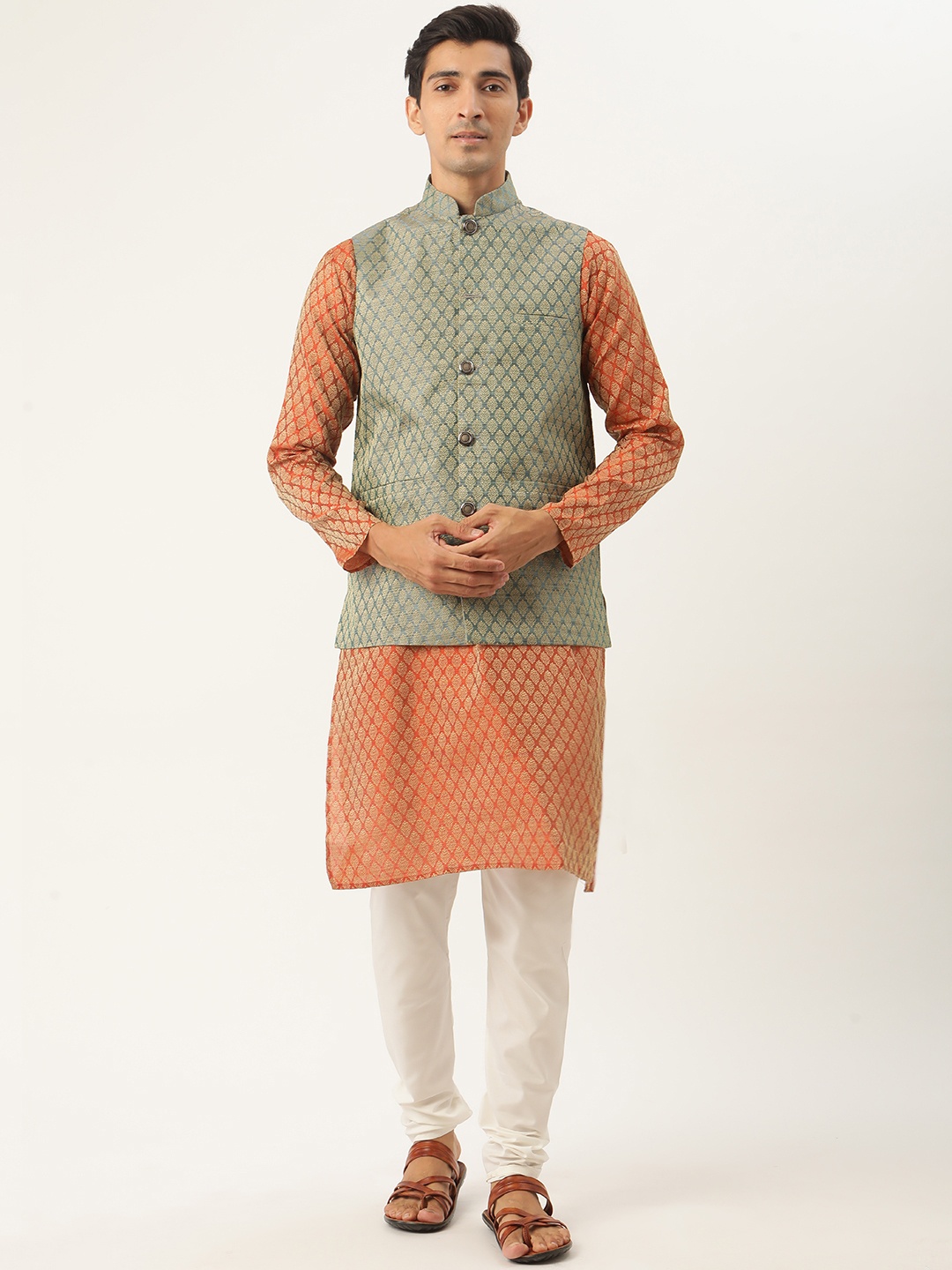

SOJANYA Men Orange Ethnic Motifs Jacquard Silk Kurta with Churidar & Nehru Jacket