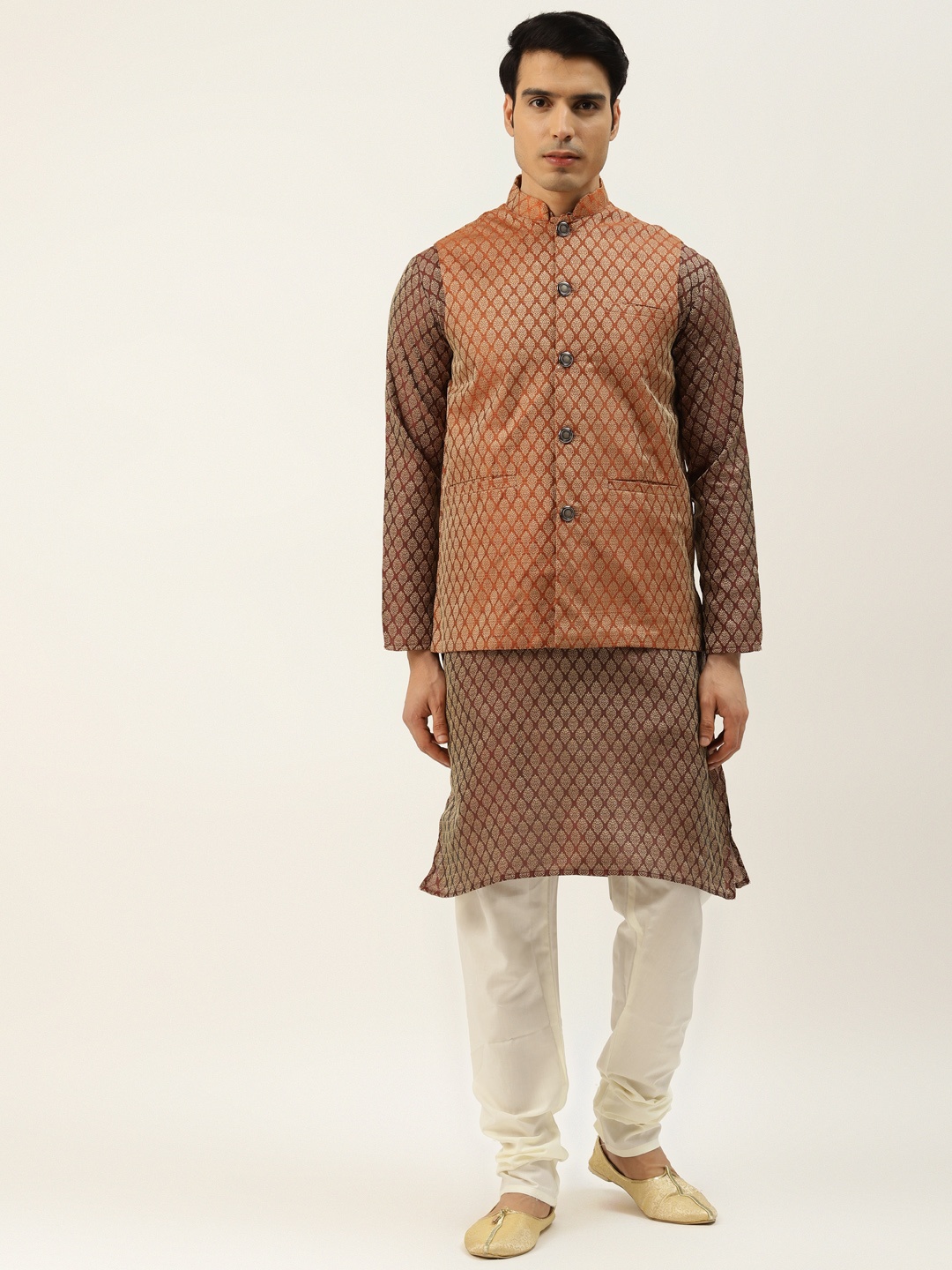 

SOJANYA Men Maroon & Beige Ethnic Motifs Kurta with Churidar & Nehru Jacket