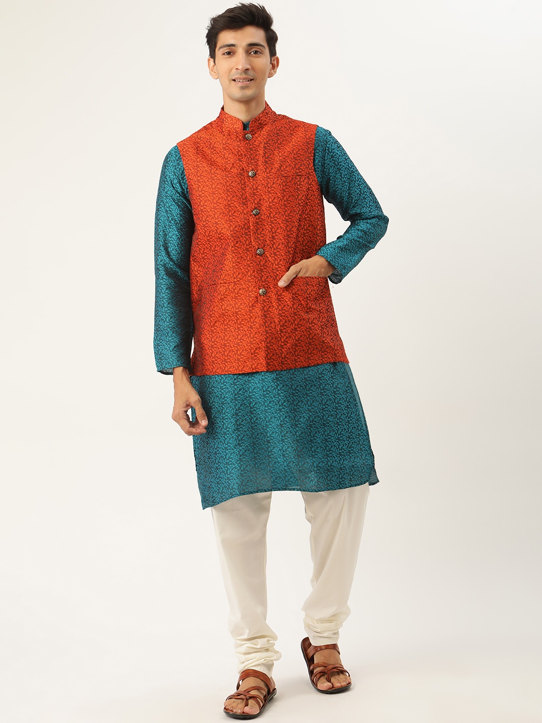 

SOJANYA Men Teal Blue & Orange Woven Design Kurta with Churidar & Nehru Jacket