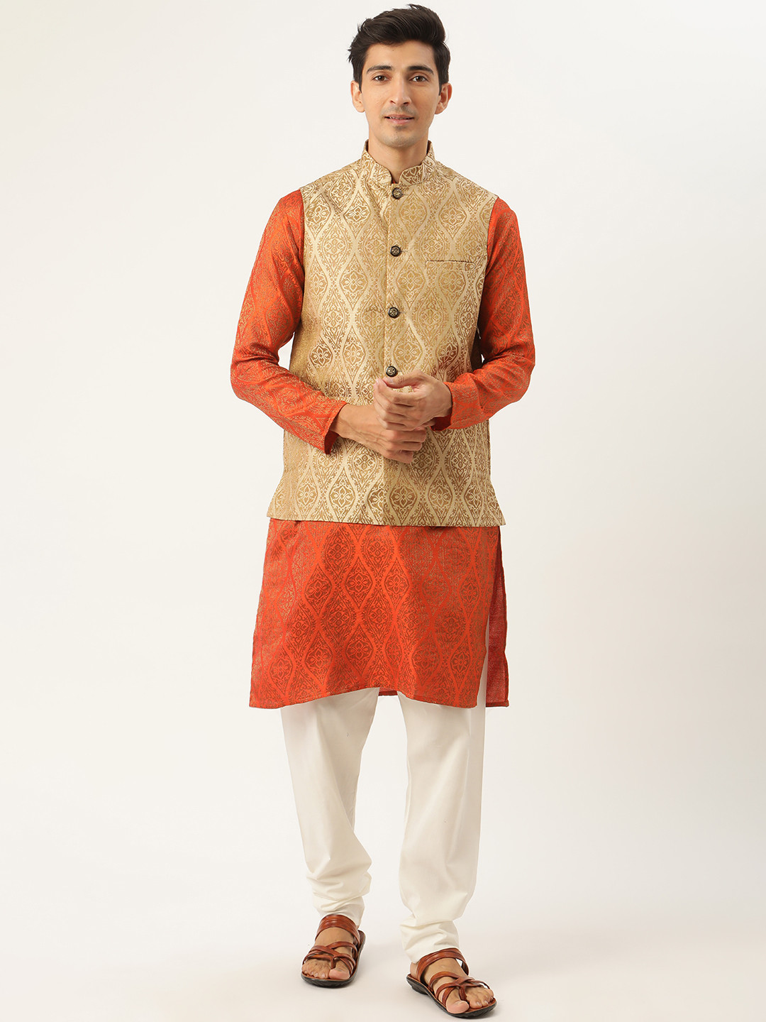 

SOJANYA Men Orange Ethnic Motifs Jacquard Silk Kurta with Churidar & Nehru Jacket