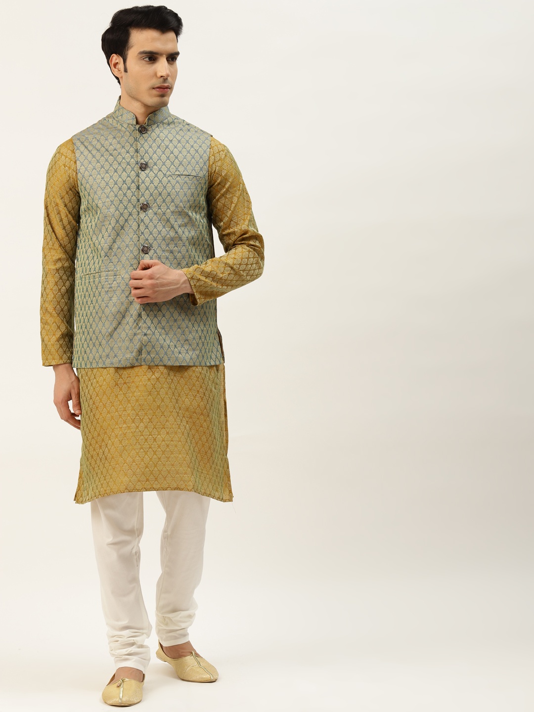 

SOJANYA Men Mustard Brown & Teal Green Jacquard Ethnic Motifs Straight Kurta with Churidar