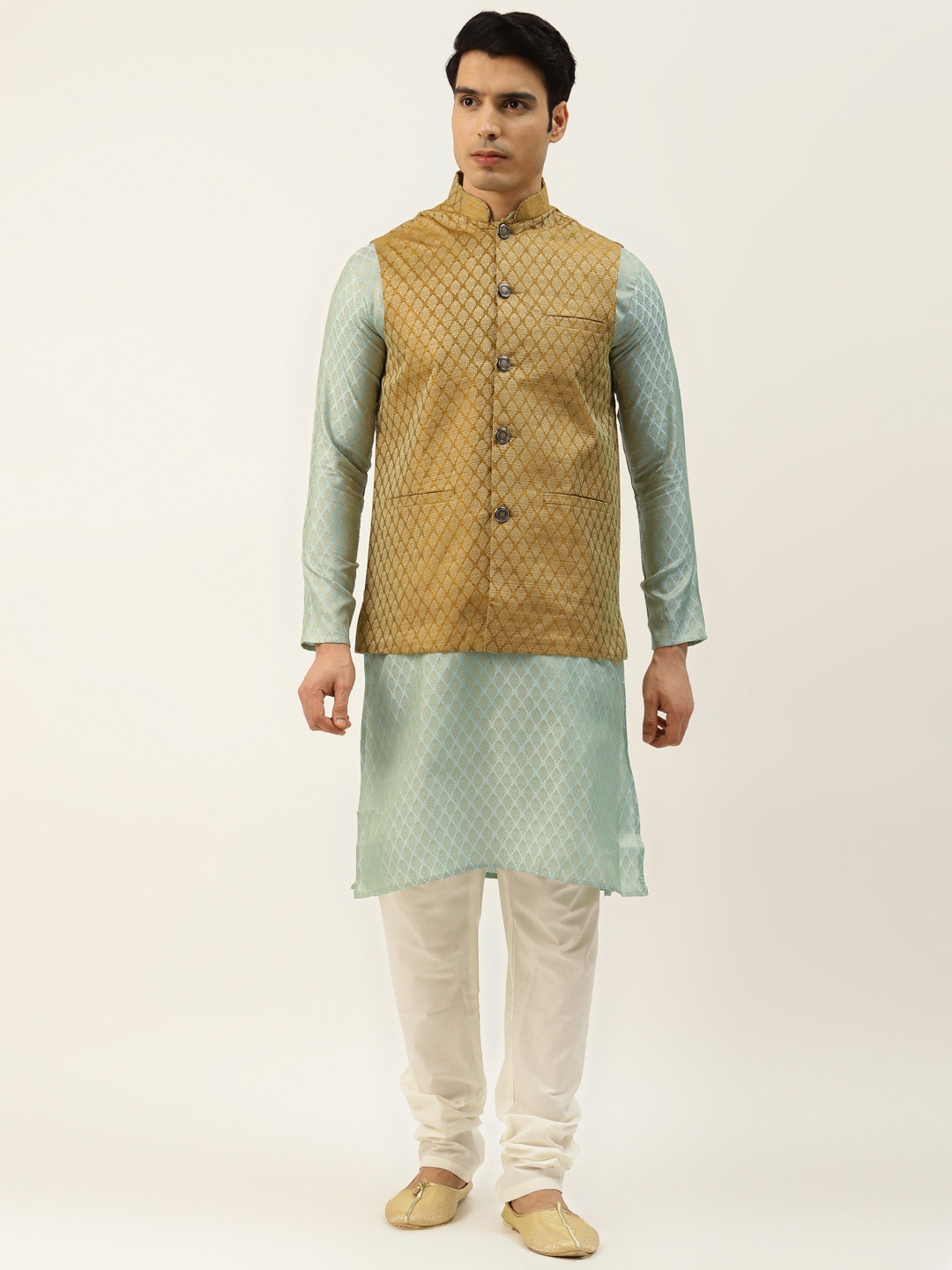 

SOJANYA Men Green & Mustard Brown Ethnic Motifs Kurta with Churidar & Nehru Jacket