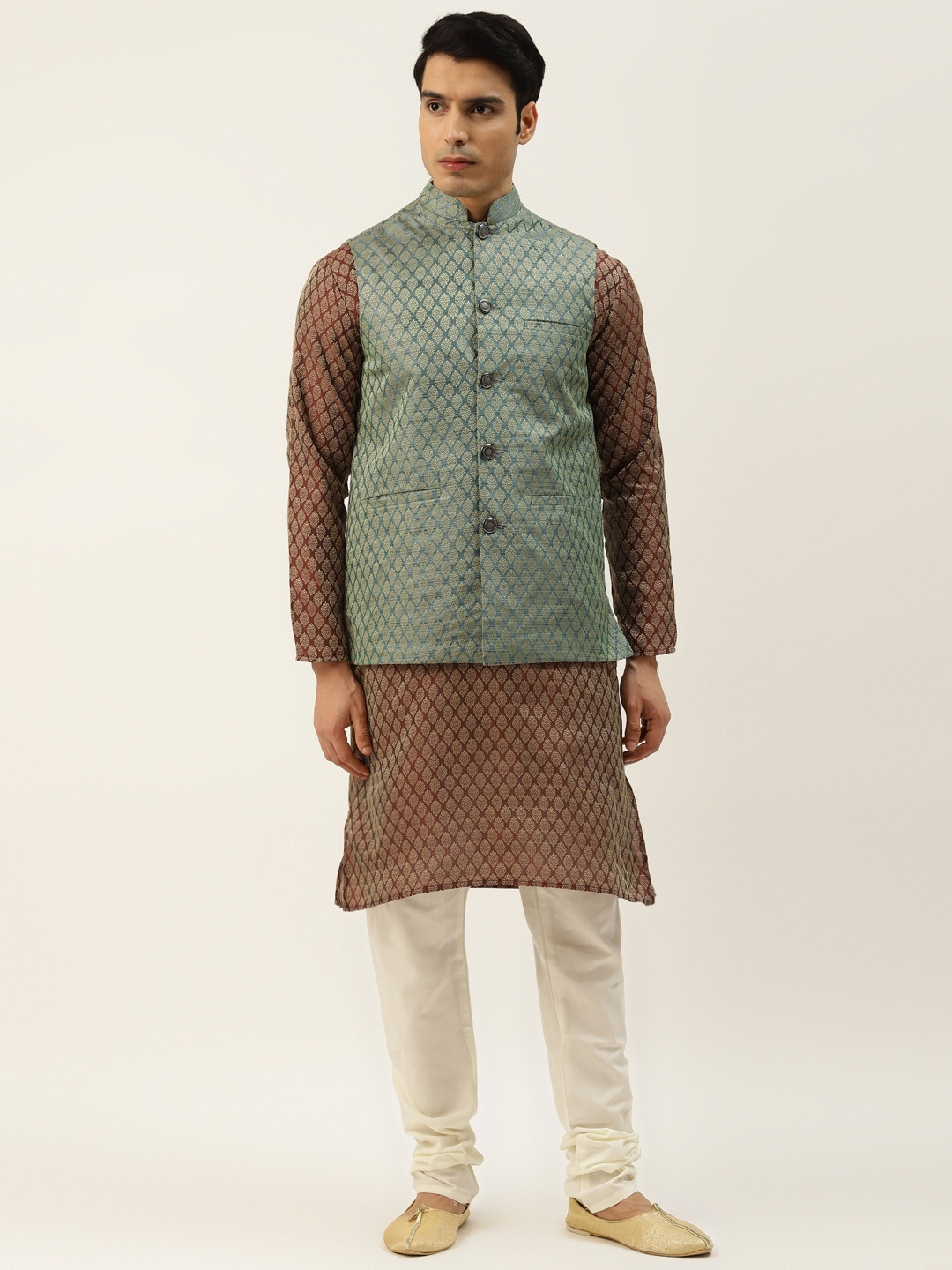 

SOJANYA Men Maroon & Beige Ethnic Motifs Kurta with Churidar & Nehru Jacket