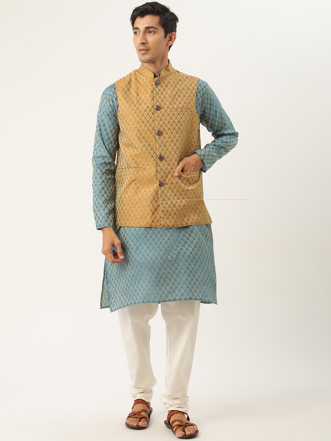 

SOJANYA Men Teal Blue & Mustard Yellow Ethnic Motifs Kurta with Churidar & Nehru Jacket