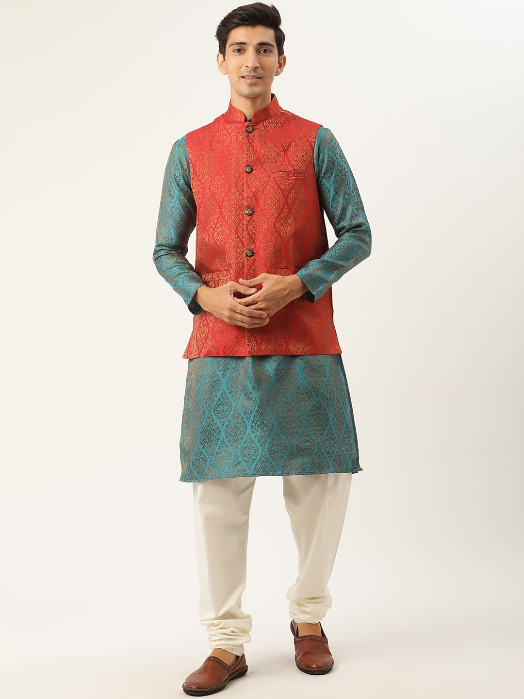 

SOJANYA Men Teal Blue & Red Ethnic Motifs Kurta with Churidar & Nehru Jacket