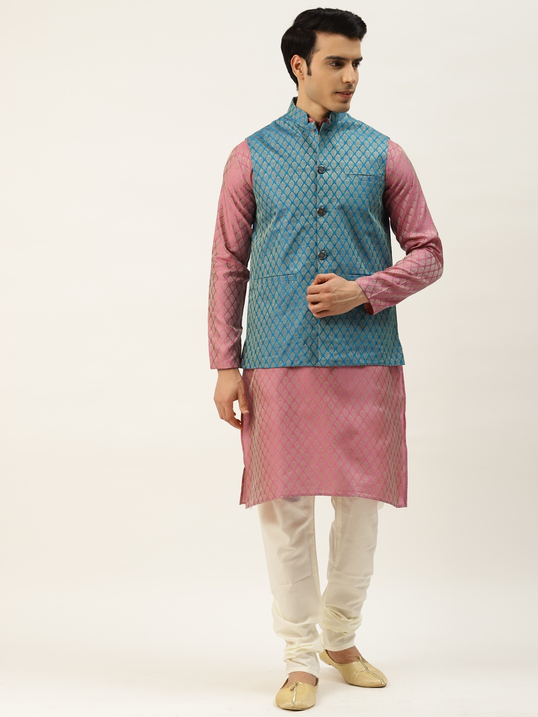 

SOJANYA Men Pink & Golden Self Design Kurta with Churidar & Nehru Jacket