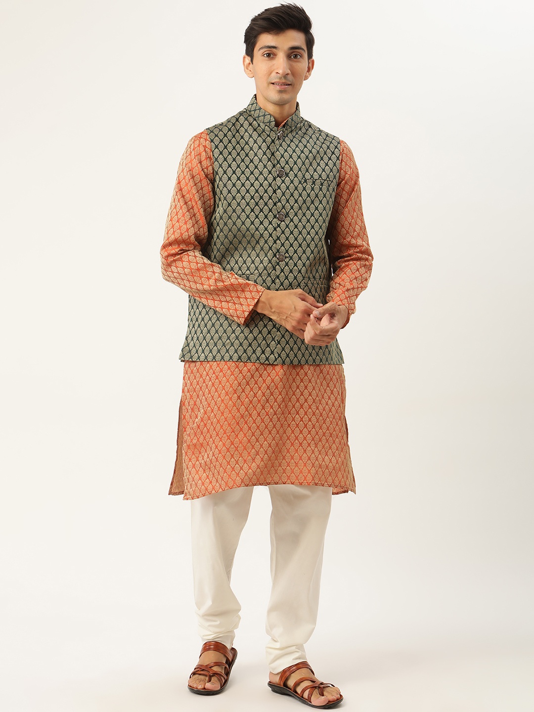 

SOJANYA Men Orange Ethnic Motifs Kurta with Churidar & Nehru Jacket