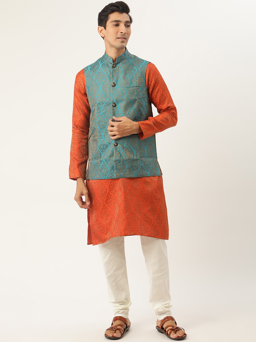 

SOJANYA Men Orange Ethnic Motifs Kurta with Churidar & Nehru Jacket