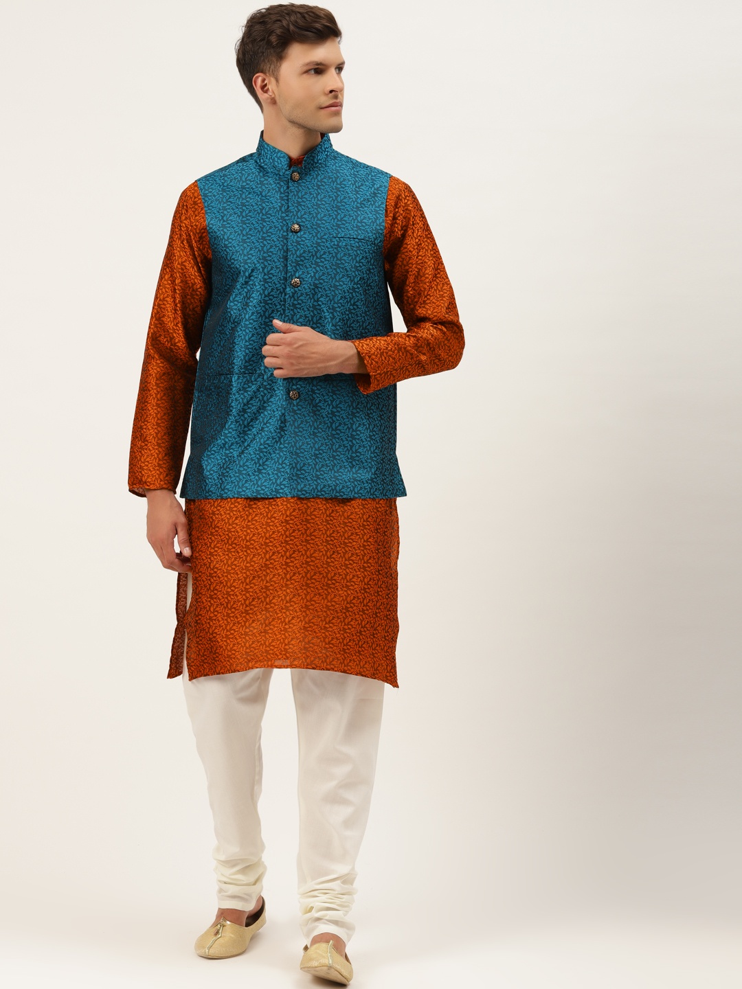 

SOJANYA Men Teal Blue & Rust Orange Jacquard Ethnic Motifs Straight Kurta with Churidar