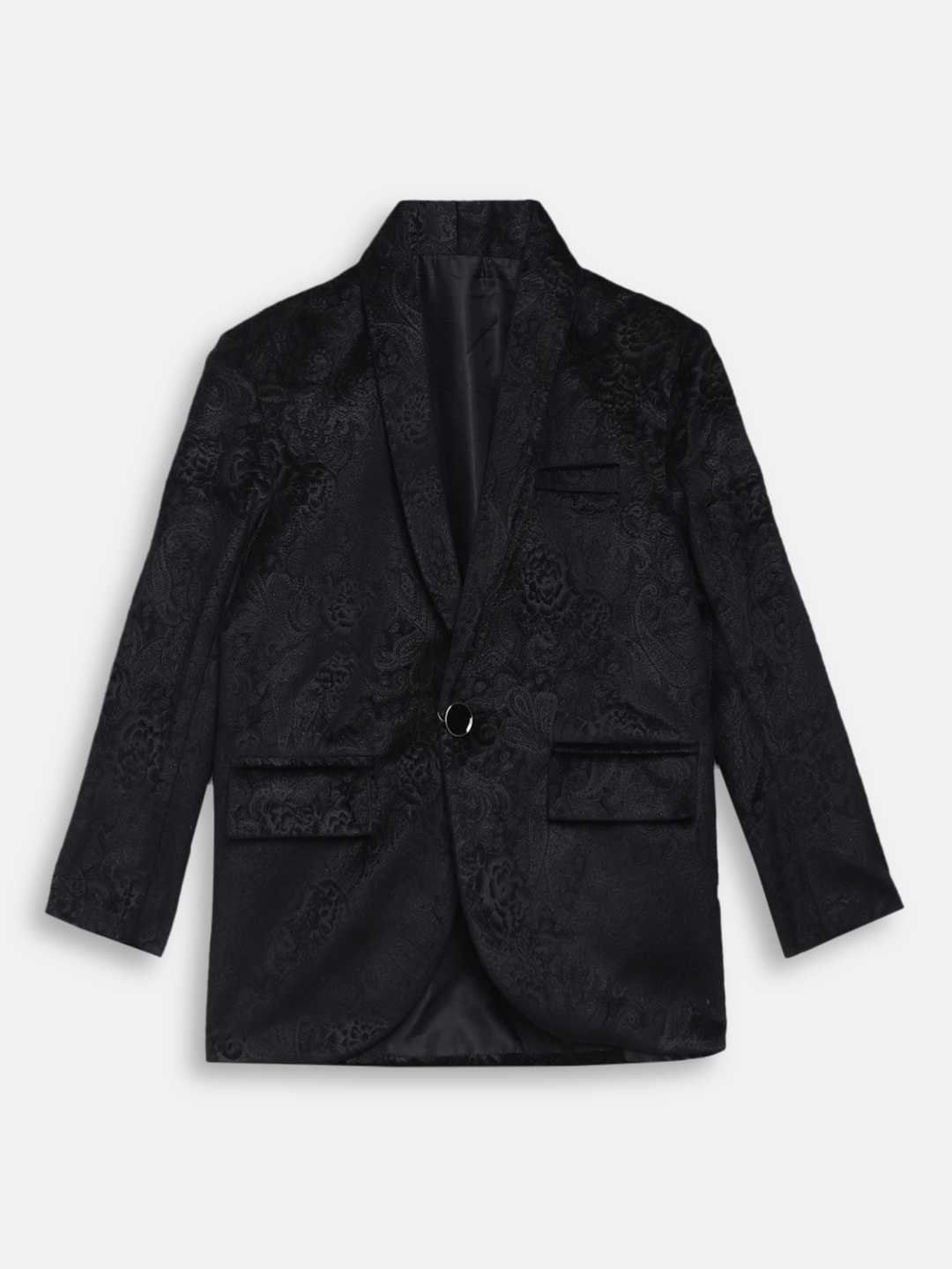 

Blue Giraffe Boys Black Self Design Single-Breasted Party Blazer