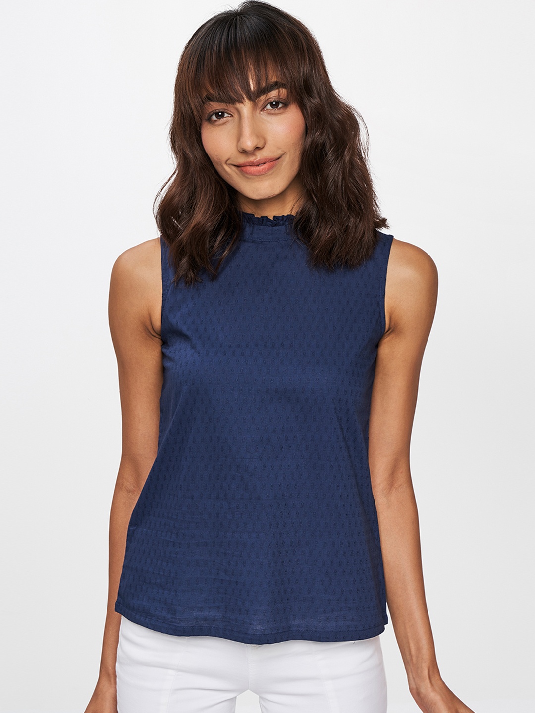 

AND Women Blue Embroidered High Neck Pure Cotton Regular Top