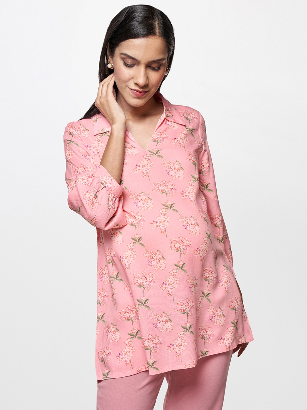 

AND Women Pink & Green Floral Printed A-line Maternity Top