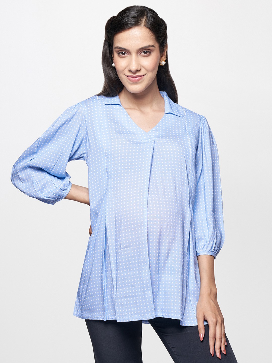 

AND Women Blue & White Polka Dots Printed Maternity Top