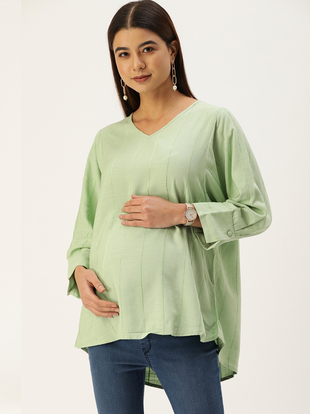 

AND Sage Green Self Design V-Neck High-Low Maternity Top