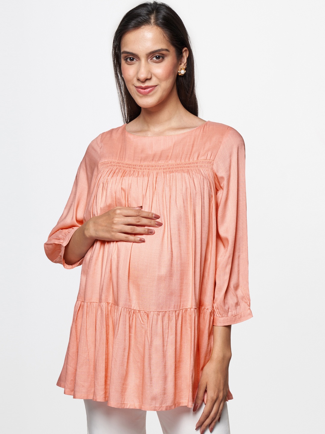 

AND Women Peach-Coloured Solid Gathered A-line Maternity Top