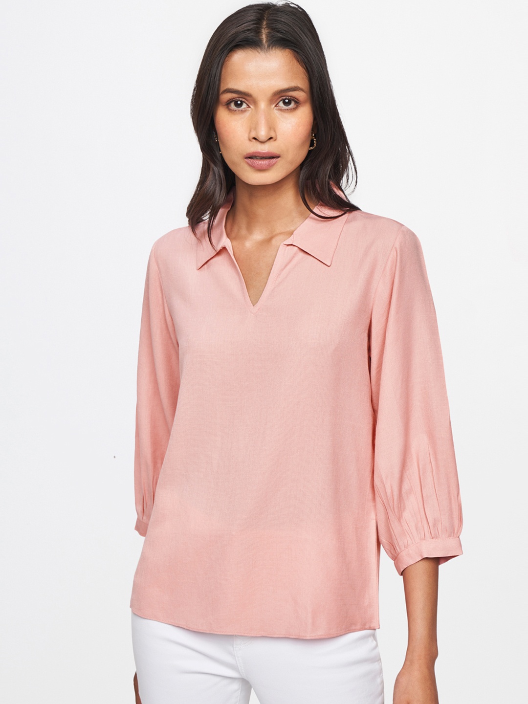 

AND Women Pink Solid Shirt Style Top