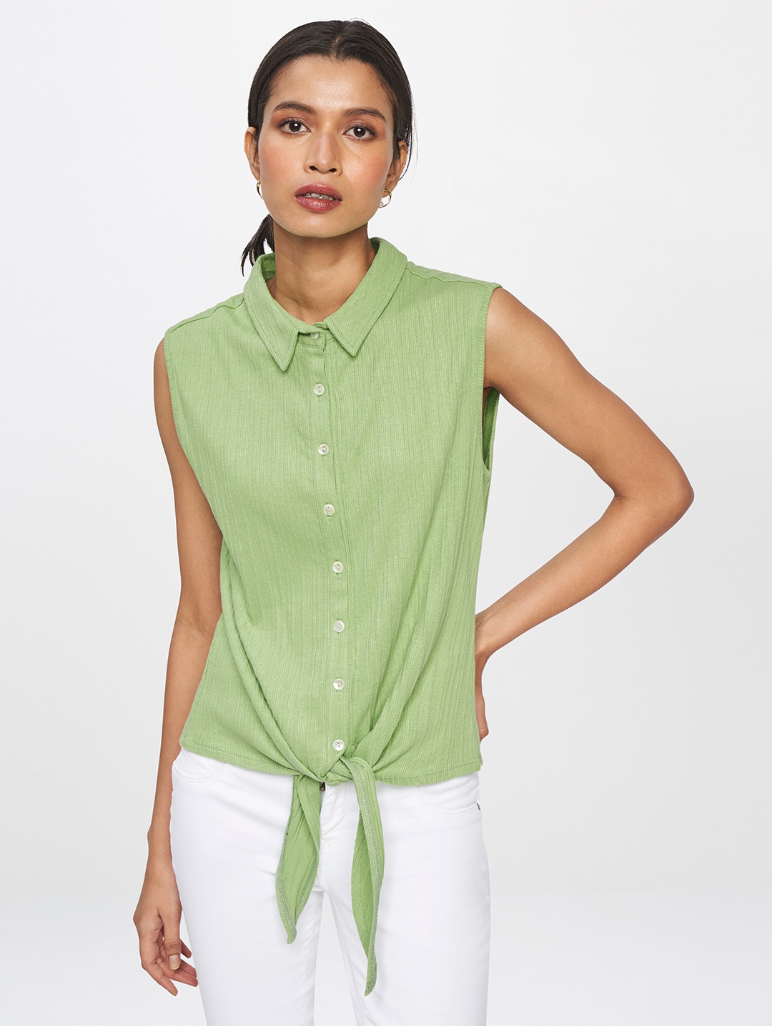 

AND Green Ribbed Tip Up Detailed Shirt Style Top