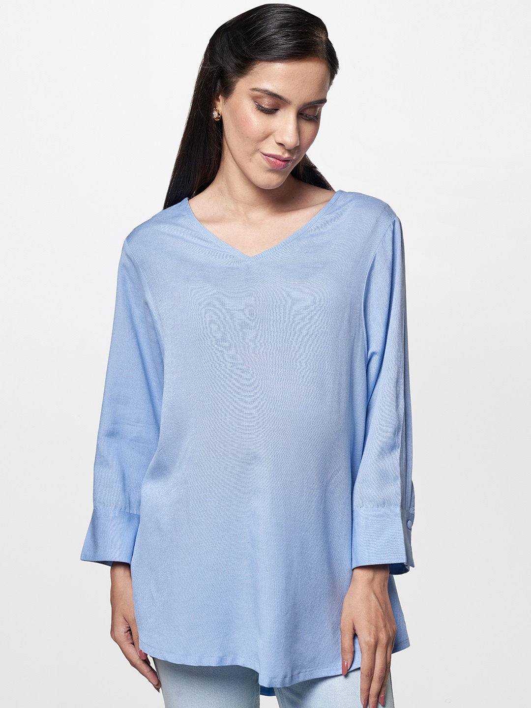 

AND Women Blue Solid V Neck A-line Maternity Top