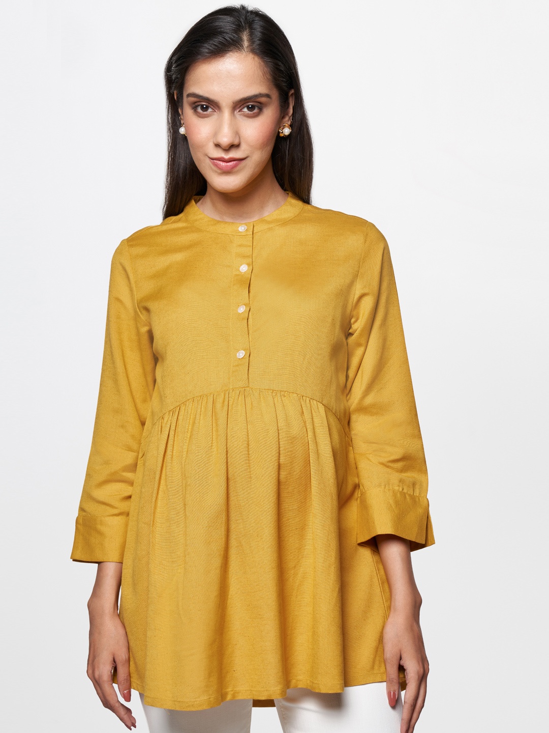 

AND Women Yellow Mandarin Collar Maternity Top