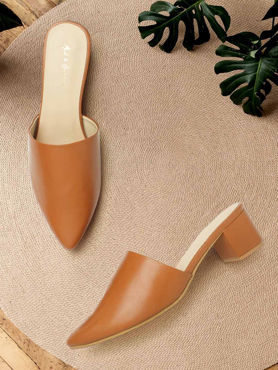 

Mast & Harbour Tan Brown Solid Heeled Mules