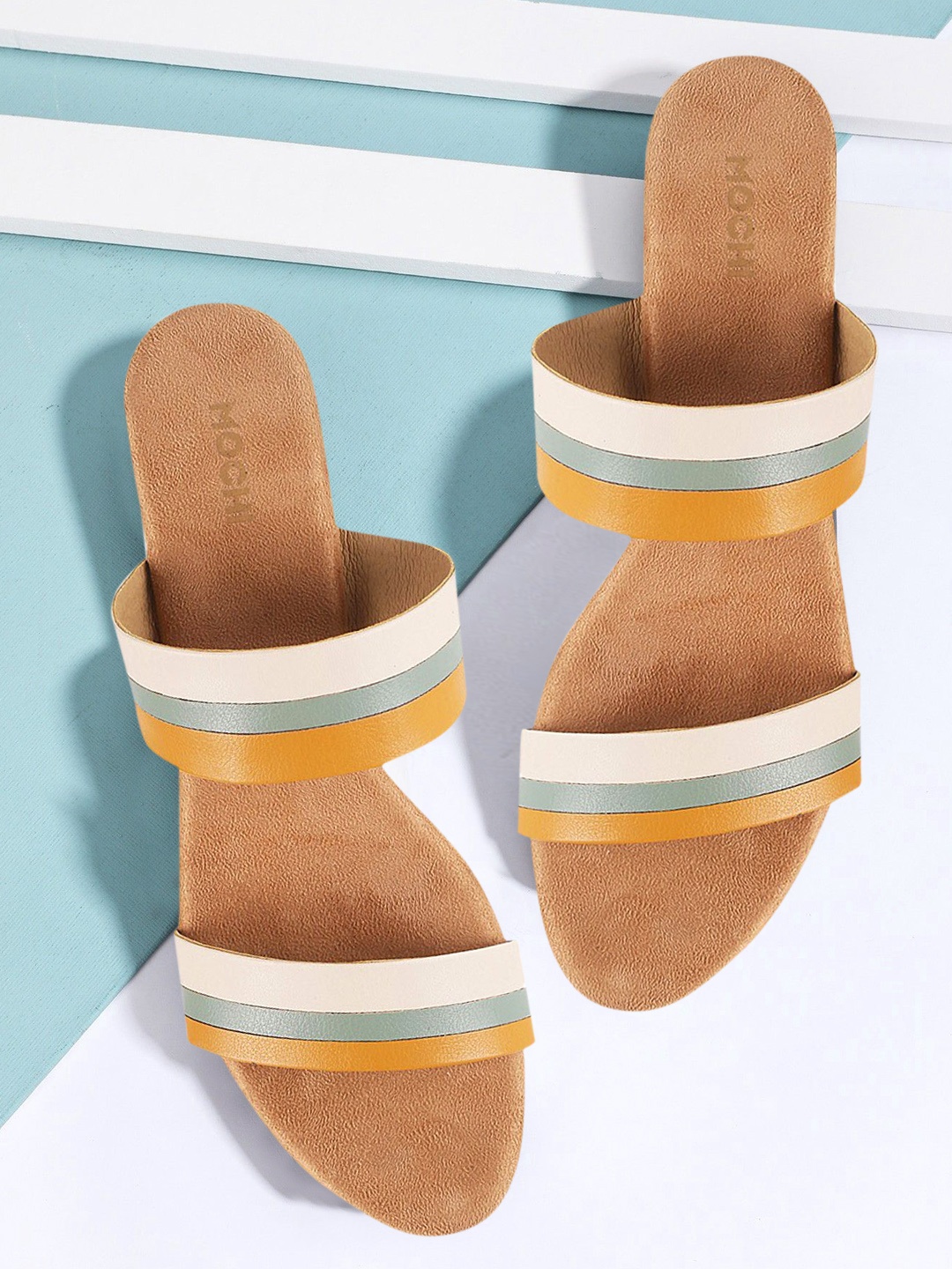 

Mochi Women Beige & Blue Colourblocked Sandals