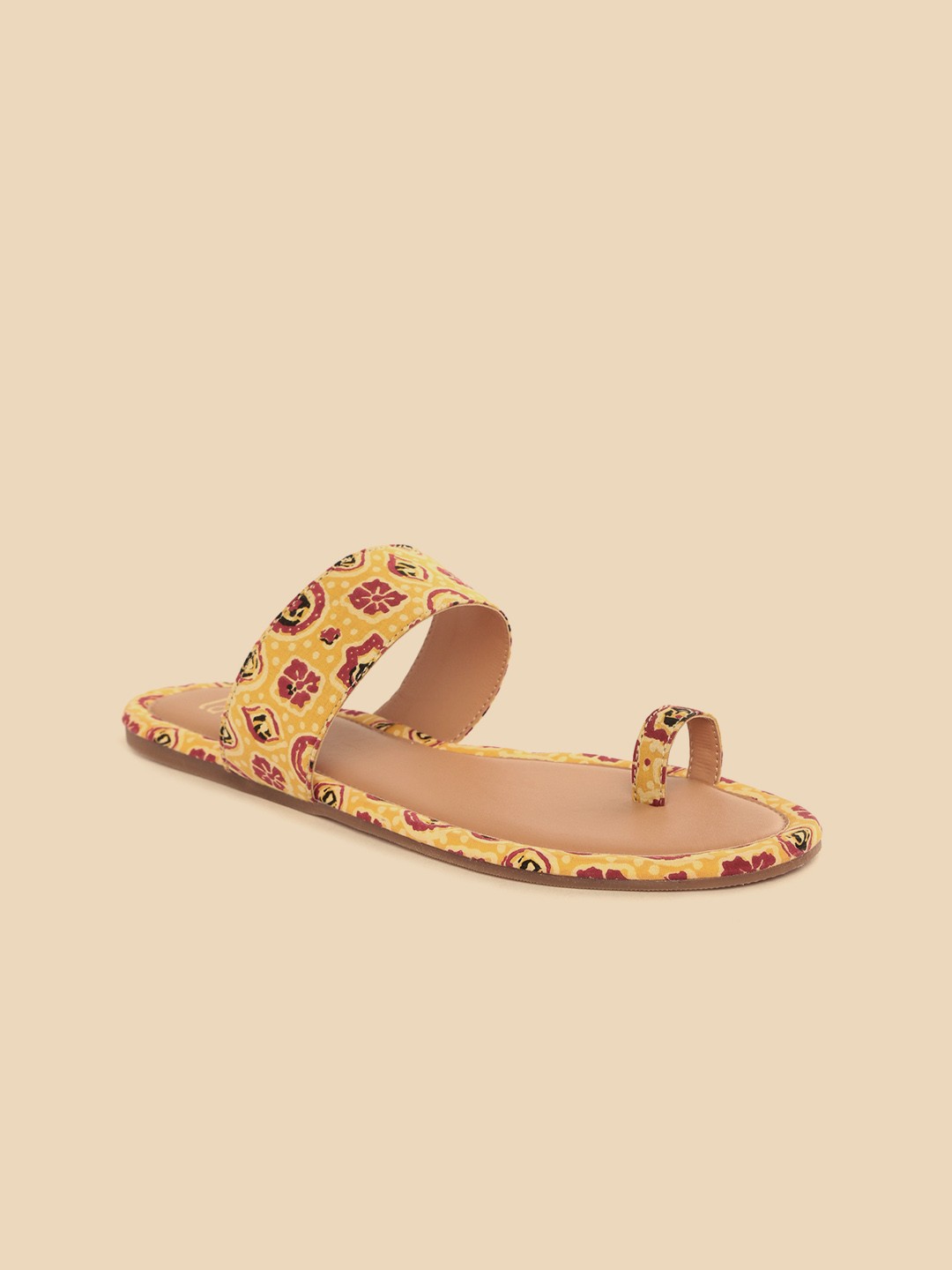 

Taavi Women Mustard Yellow & Red Printed Ethnic One Toe Flats