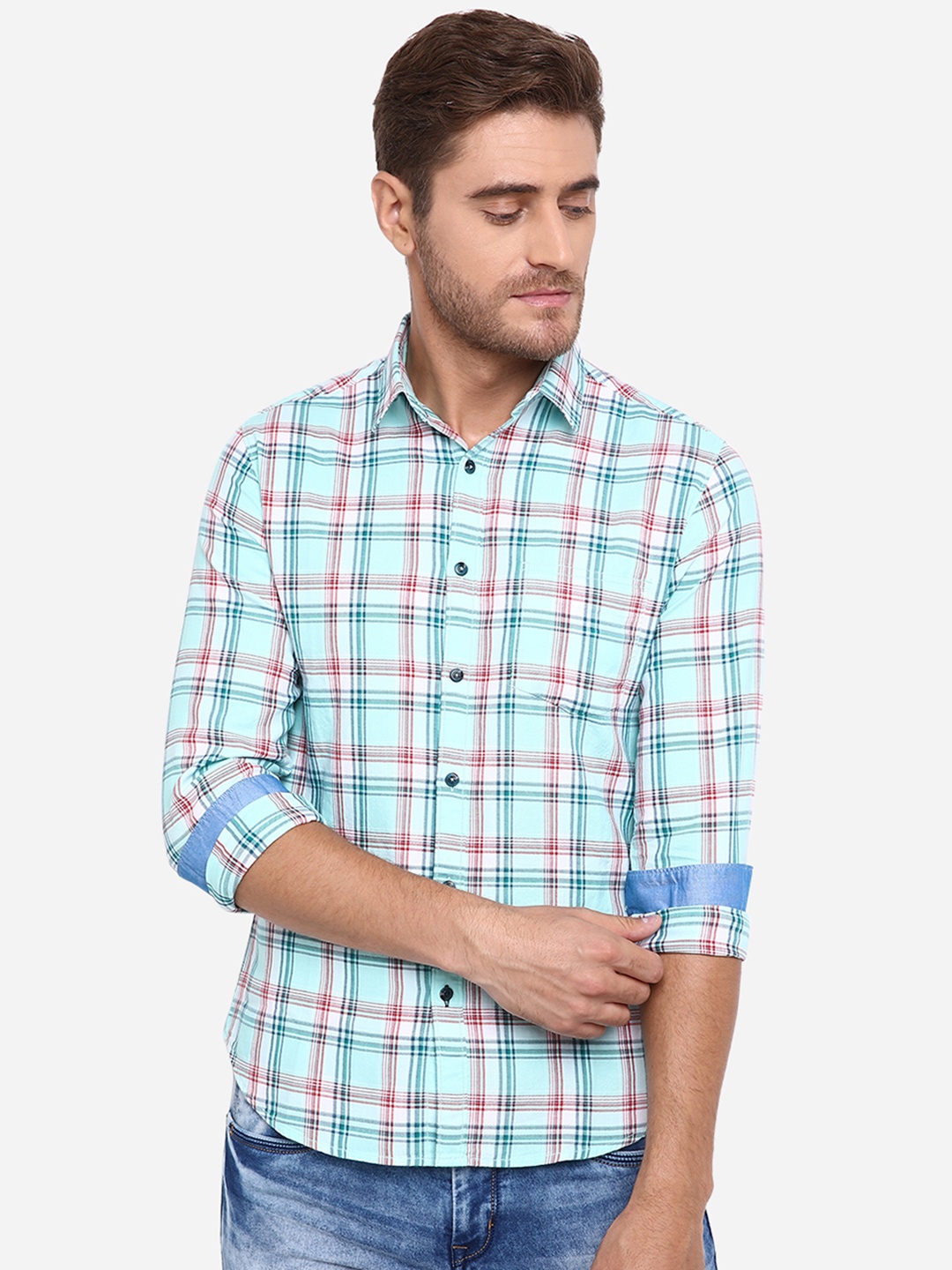 

Greenfibre Men Blue & Pink Slim Fit Checked Casual Shirt