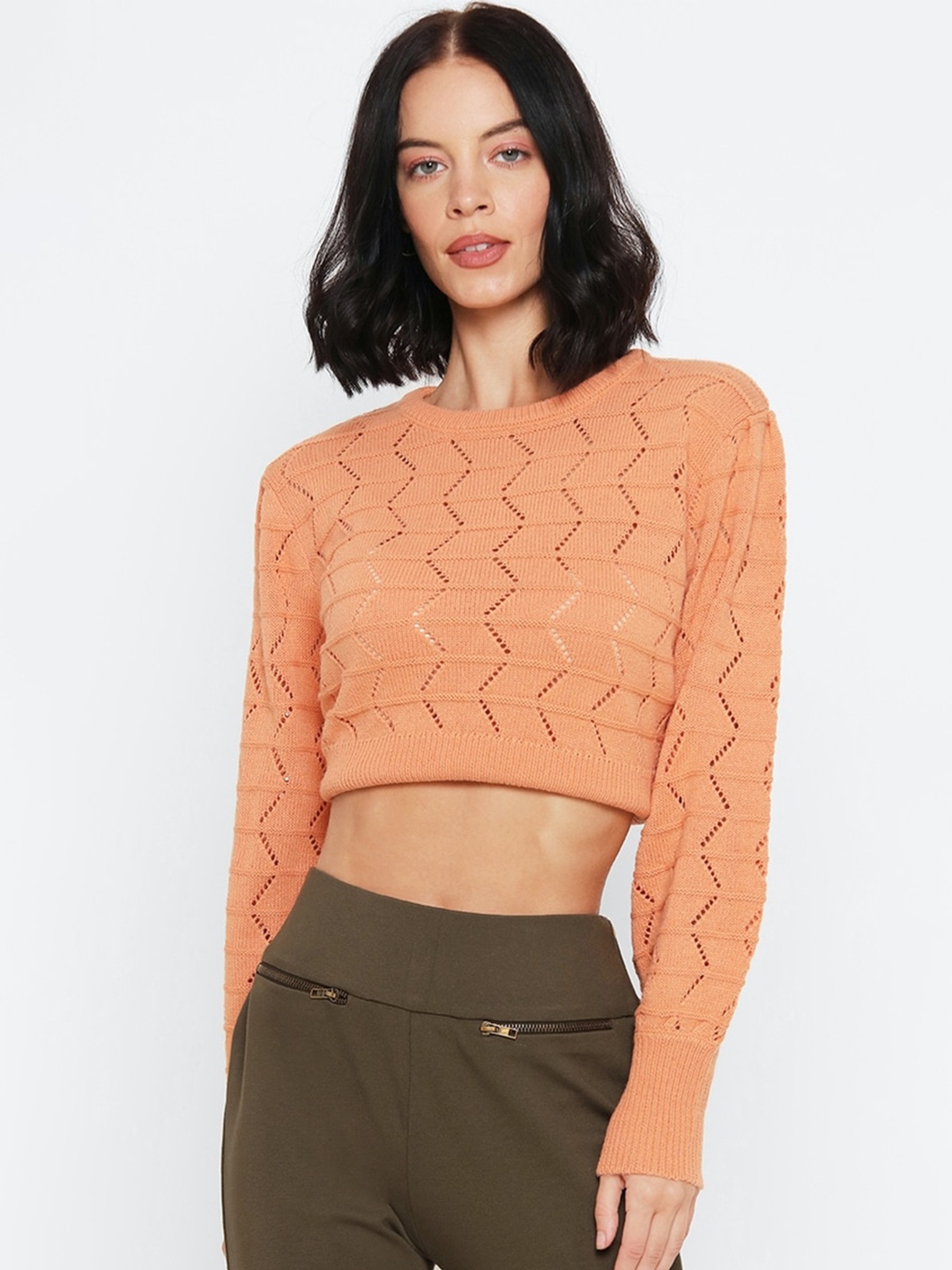 

FOREVER 21 Women Peach-Coloured Self Design Acrylic Pullover Crop Sweater