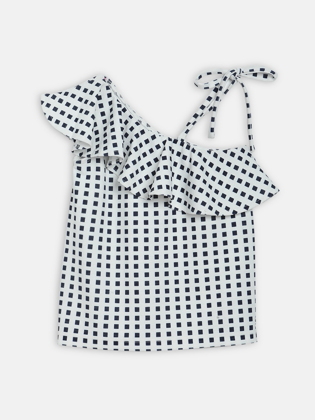 

ELLE Off White & Navy Blue Geometric One Shoulder Regular Top