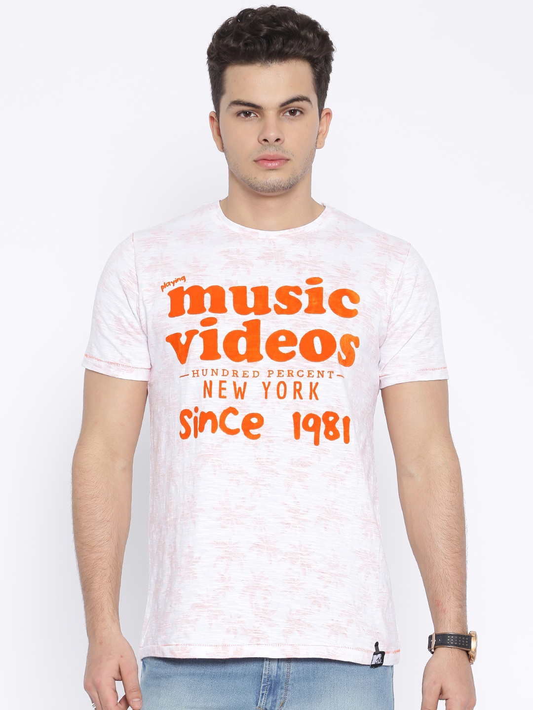 

MTV White Orange Printed Pure Cotton T-shirt