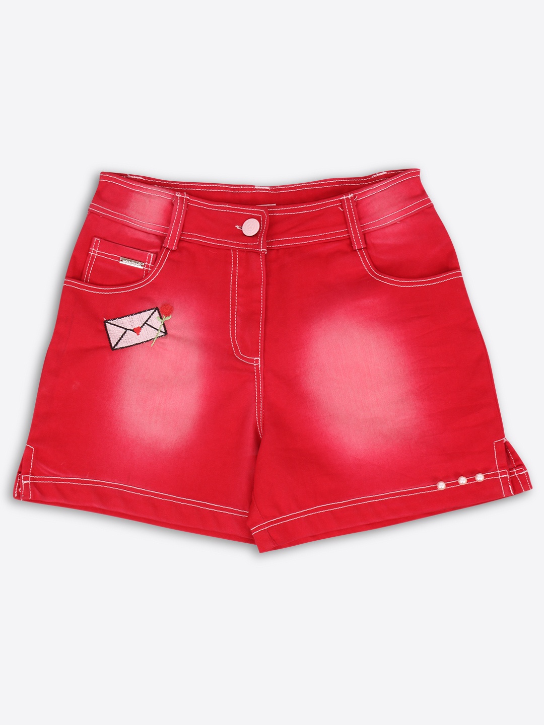 

CUTECUMBER Girls Red Washed Regular Fit Denim Shorts