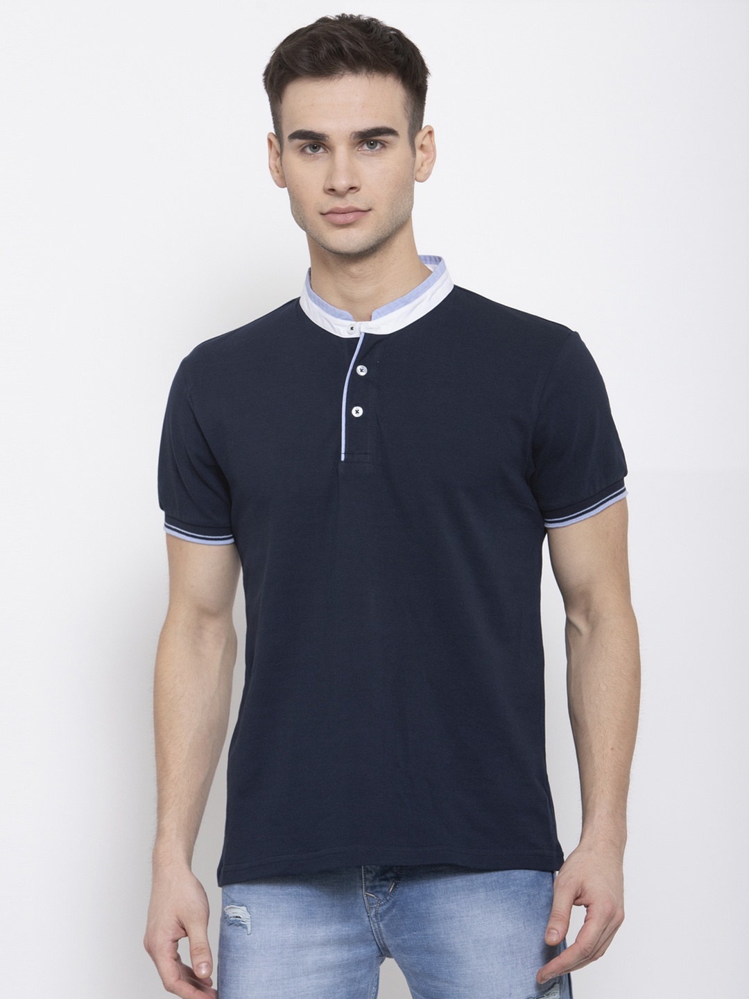 

Style Quotient Men Navy Blue Solid Mandarin Collar T-shirt