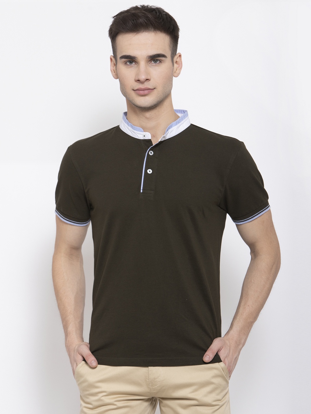 

Style Quotient Men Olive Green Solid Mandarin Collar T-shirt