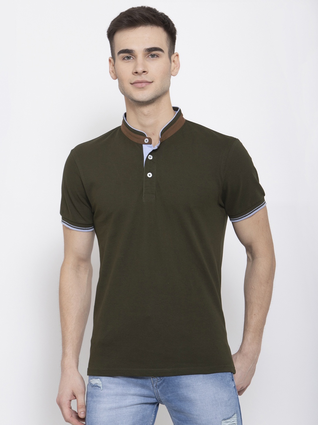 

Style Quotient Men Olive Green Solid Mandarin Collar T-shirt
