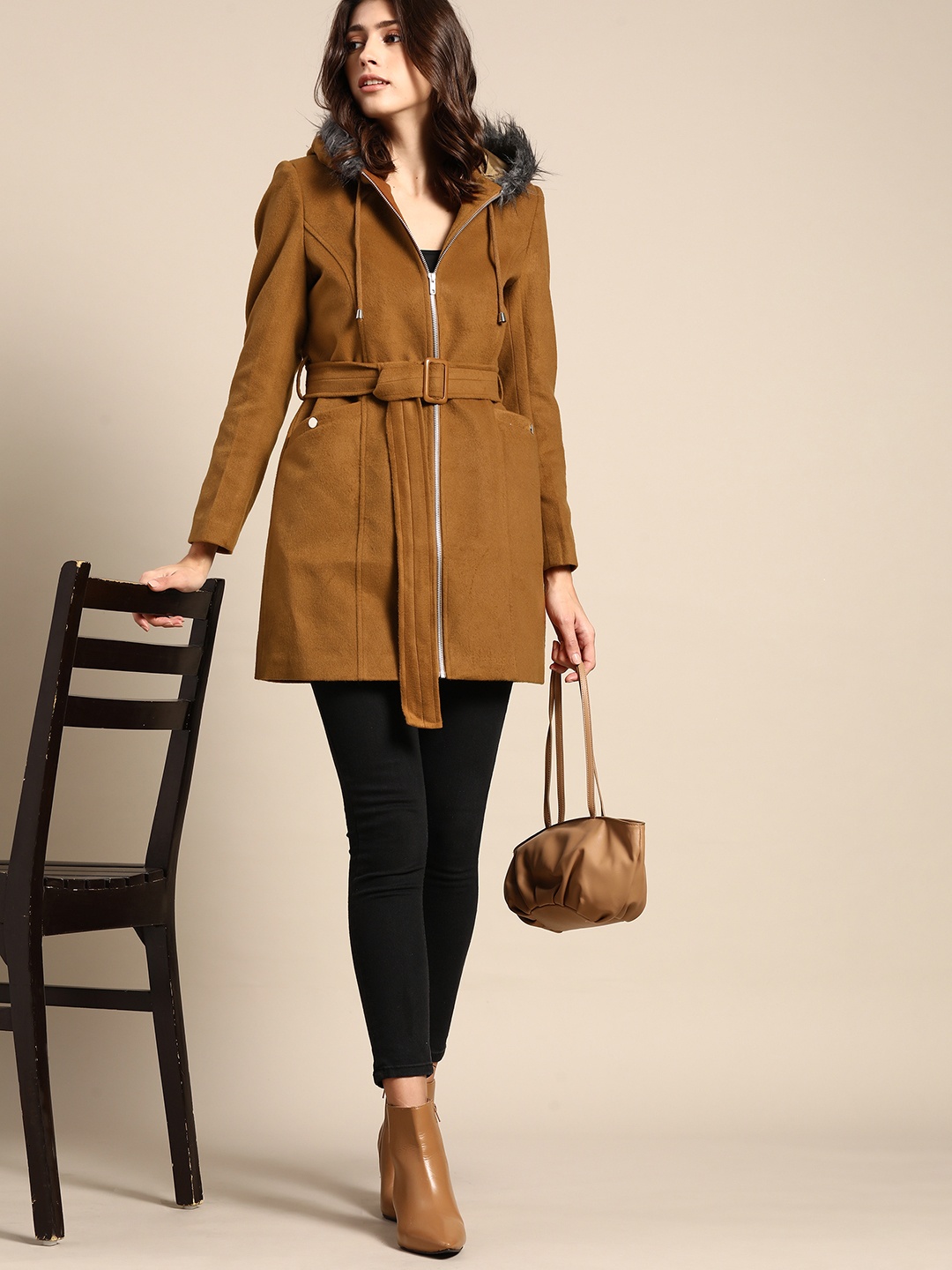 

all about you Women Brown Solid Hooded Parka Coat with Belt