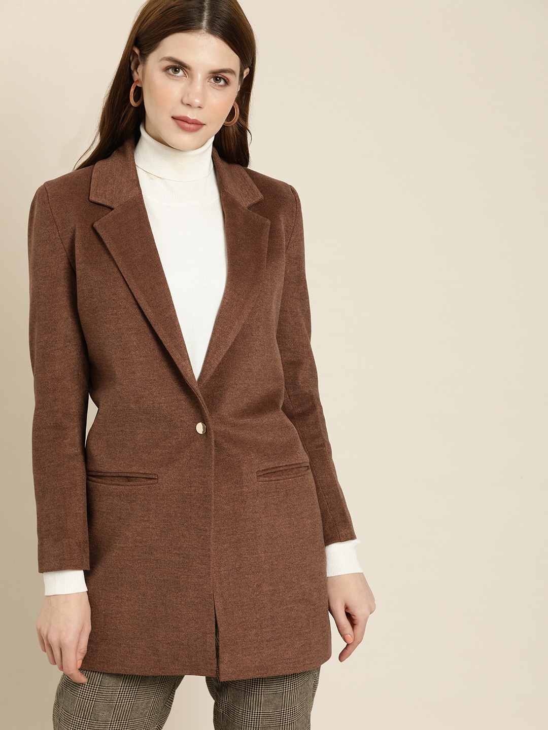 

all about you Women Brown Solid Pure Cotton Hip Length Over Coat