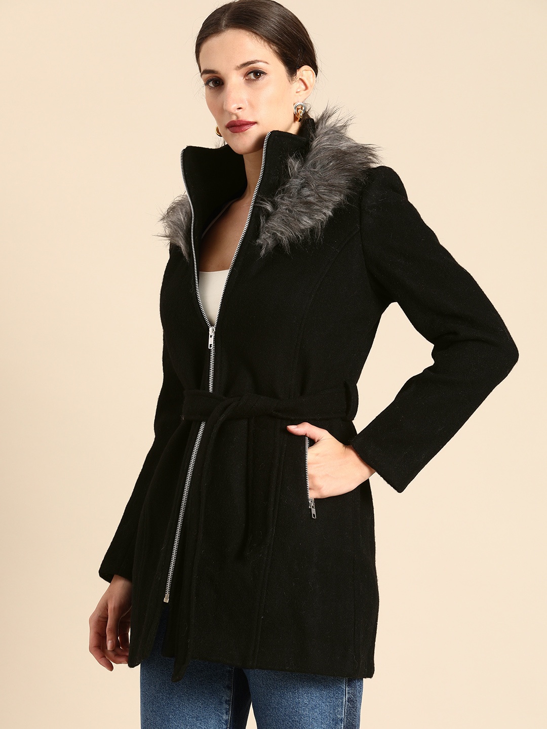 

all about you Women Black Faux Fur Detailed Longline Overcoat