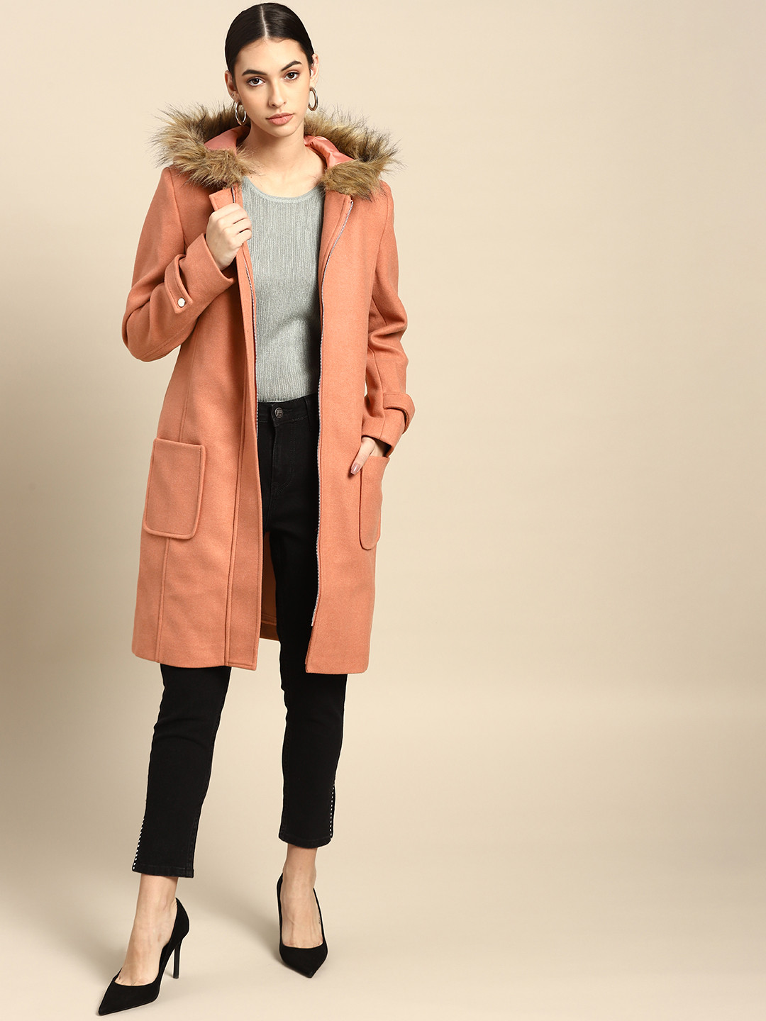 

all about you Women Peach-Coloured Faux Fur Detailed Longline Overcoat