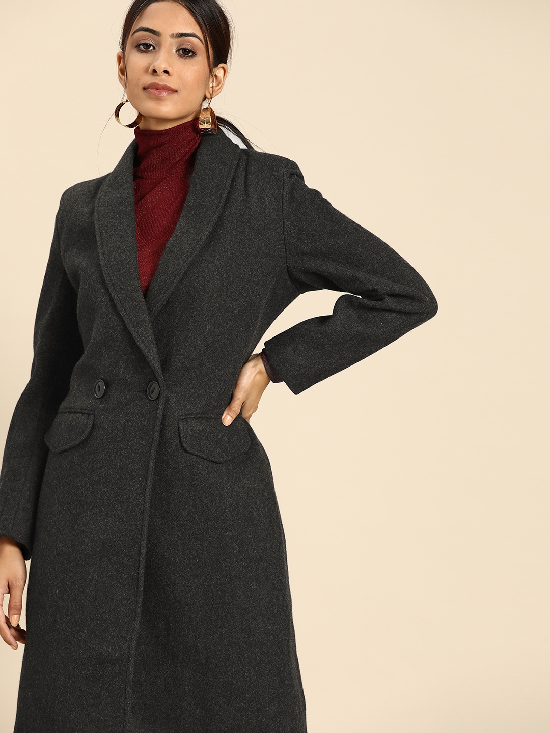 

all about you Women Charcoal Grey Solid Longline Overcoat