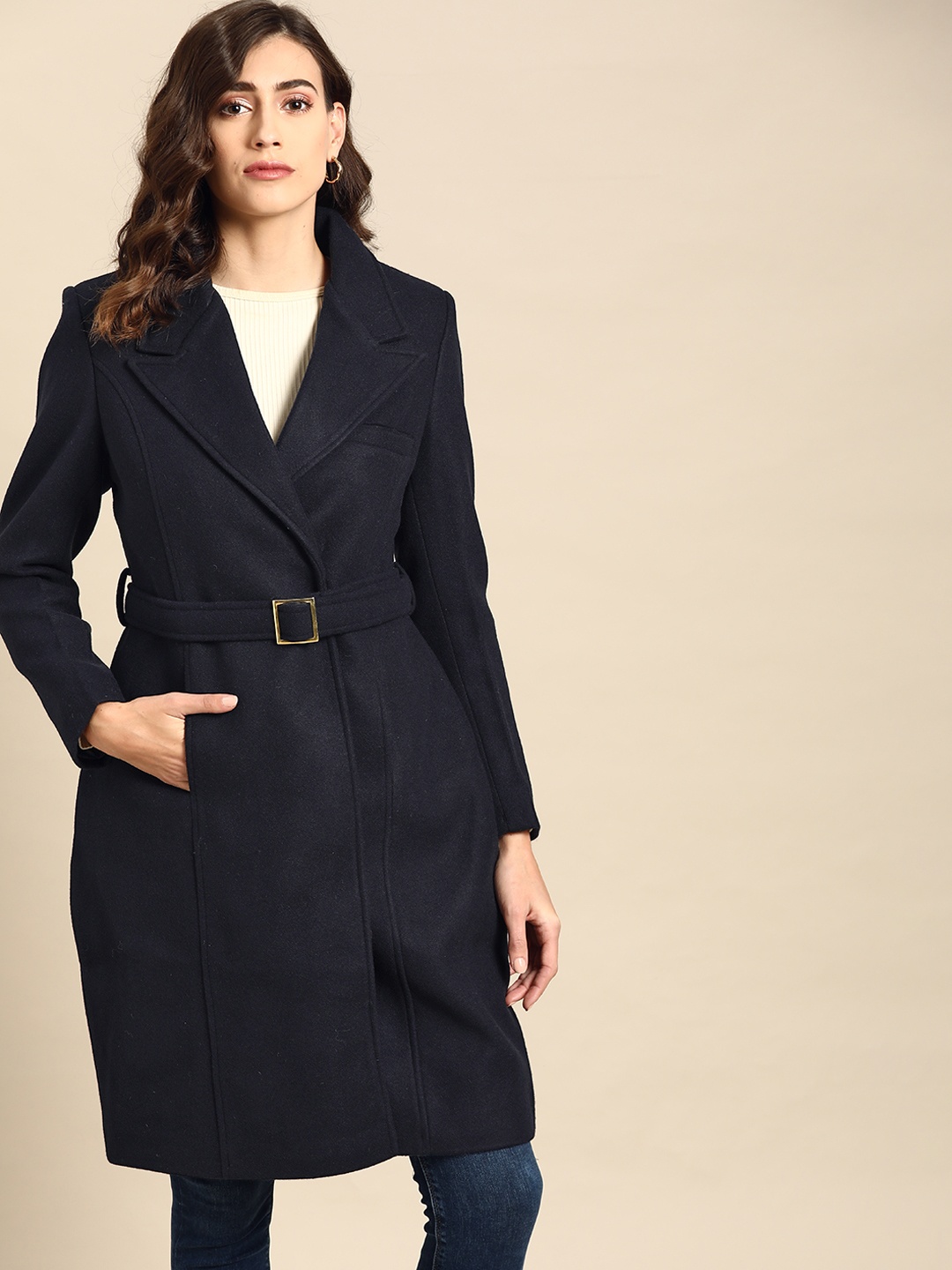 

all about you Women Navy Blue Solid Overcoat with Belt