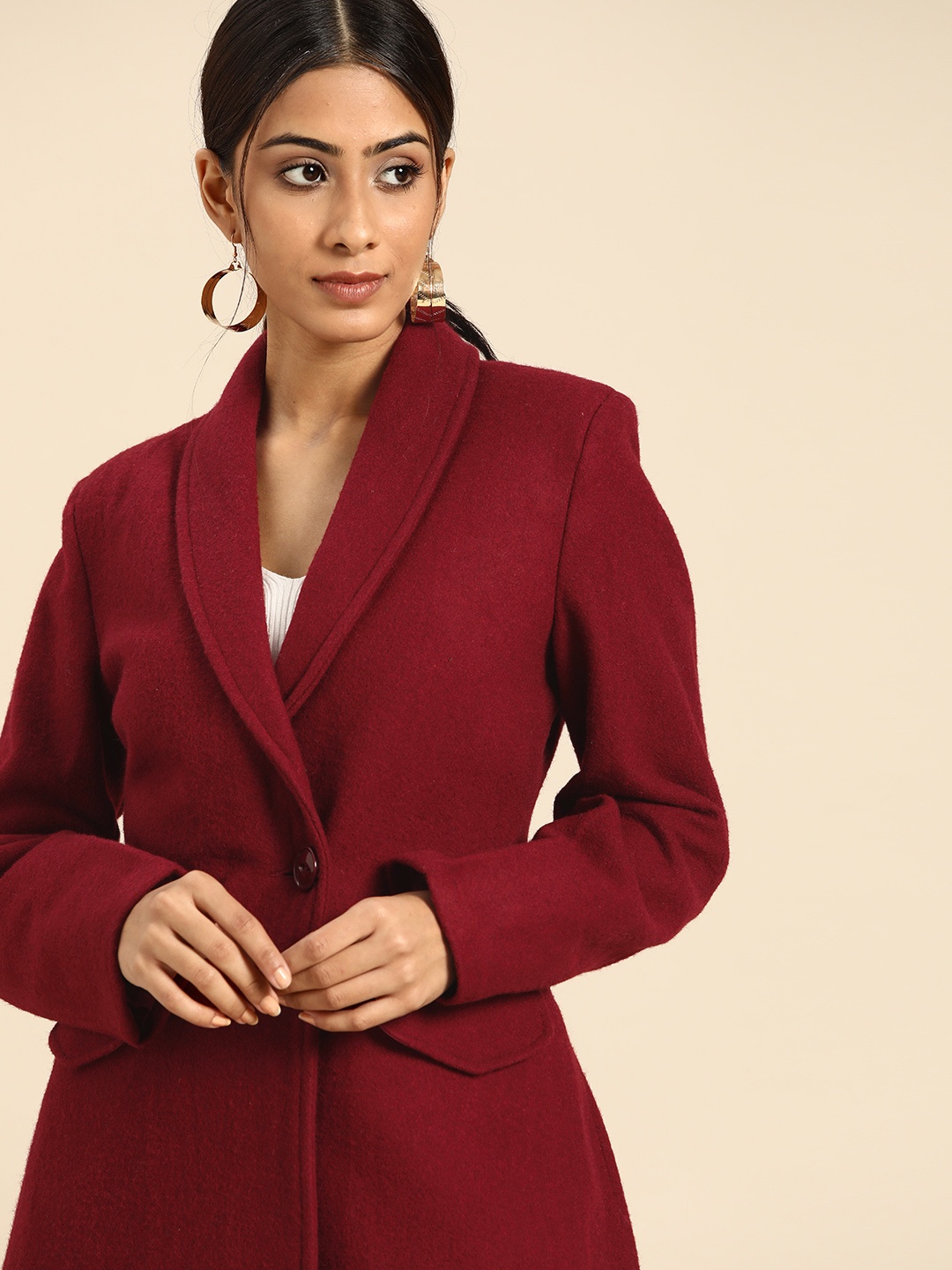 

all about you Women Maroon Solid Longline Overcoat