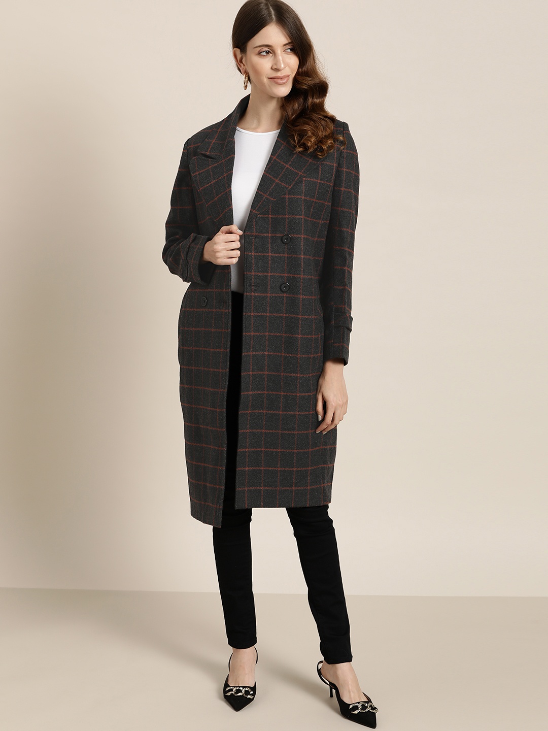 

all about you Women Charcoal Grey & Red Double-Breasted Checked Longline Overcoat