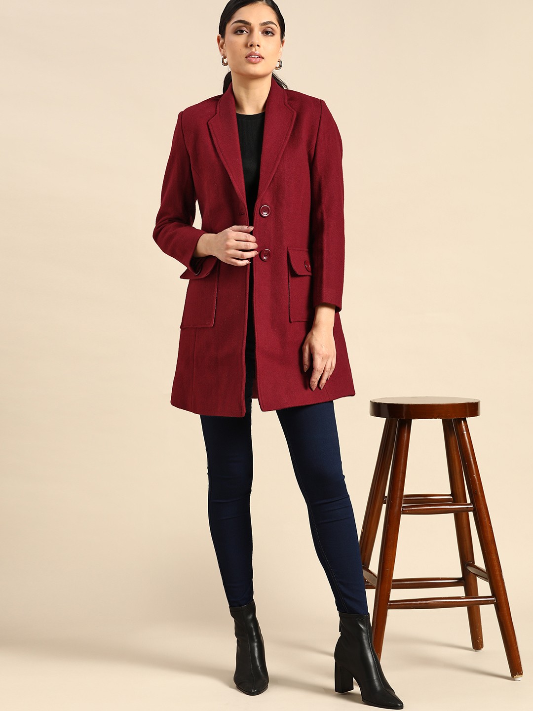 

all about you Women Maroon Solid Overcoat