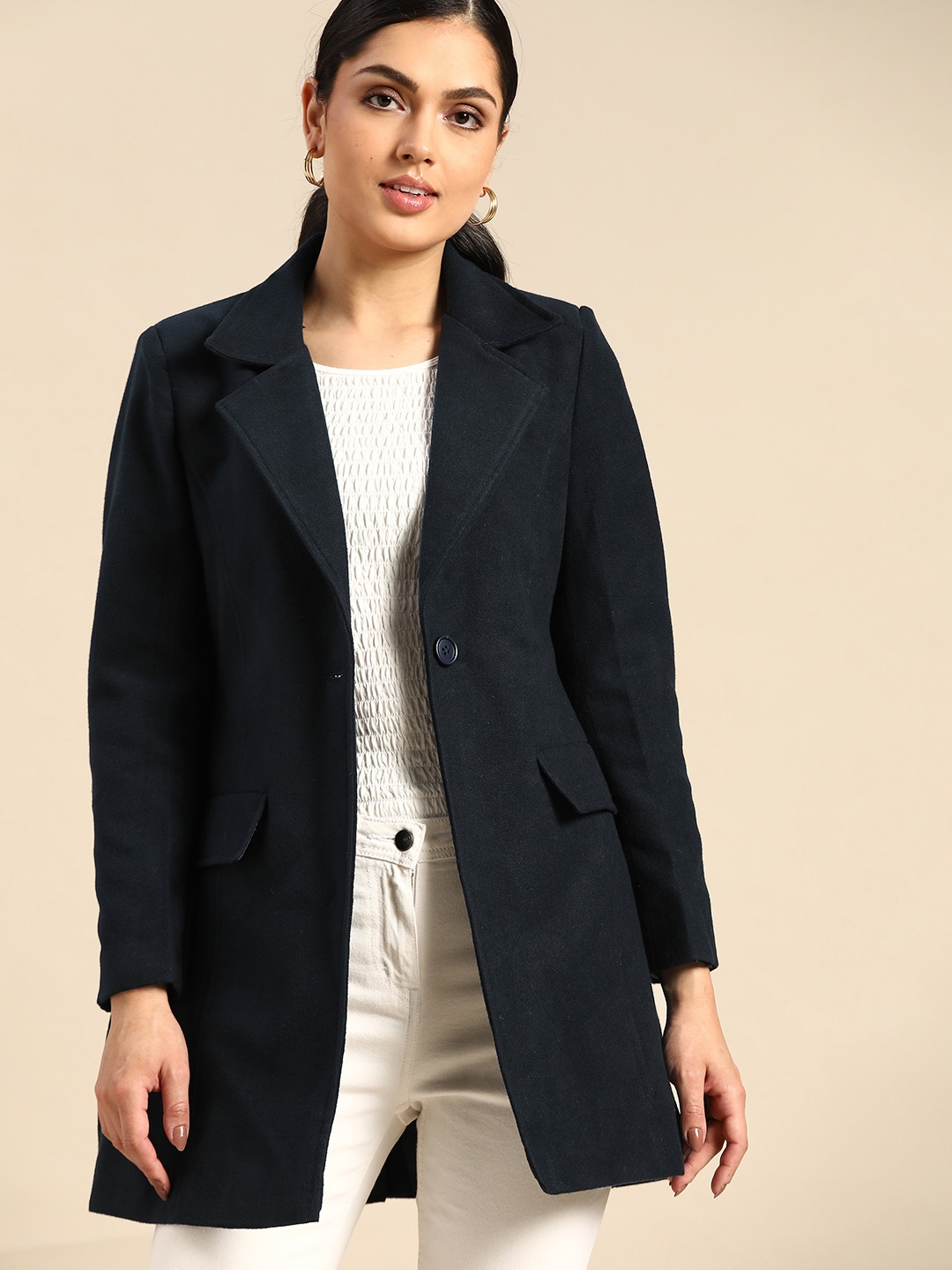 

all about you Women Navy Blue Solid Overcoat