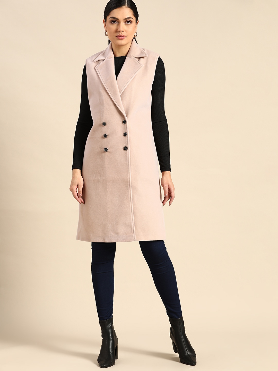 

all about you Women Beige Suede Finish Solid Double-Breasted Overcoat
