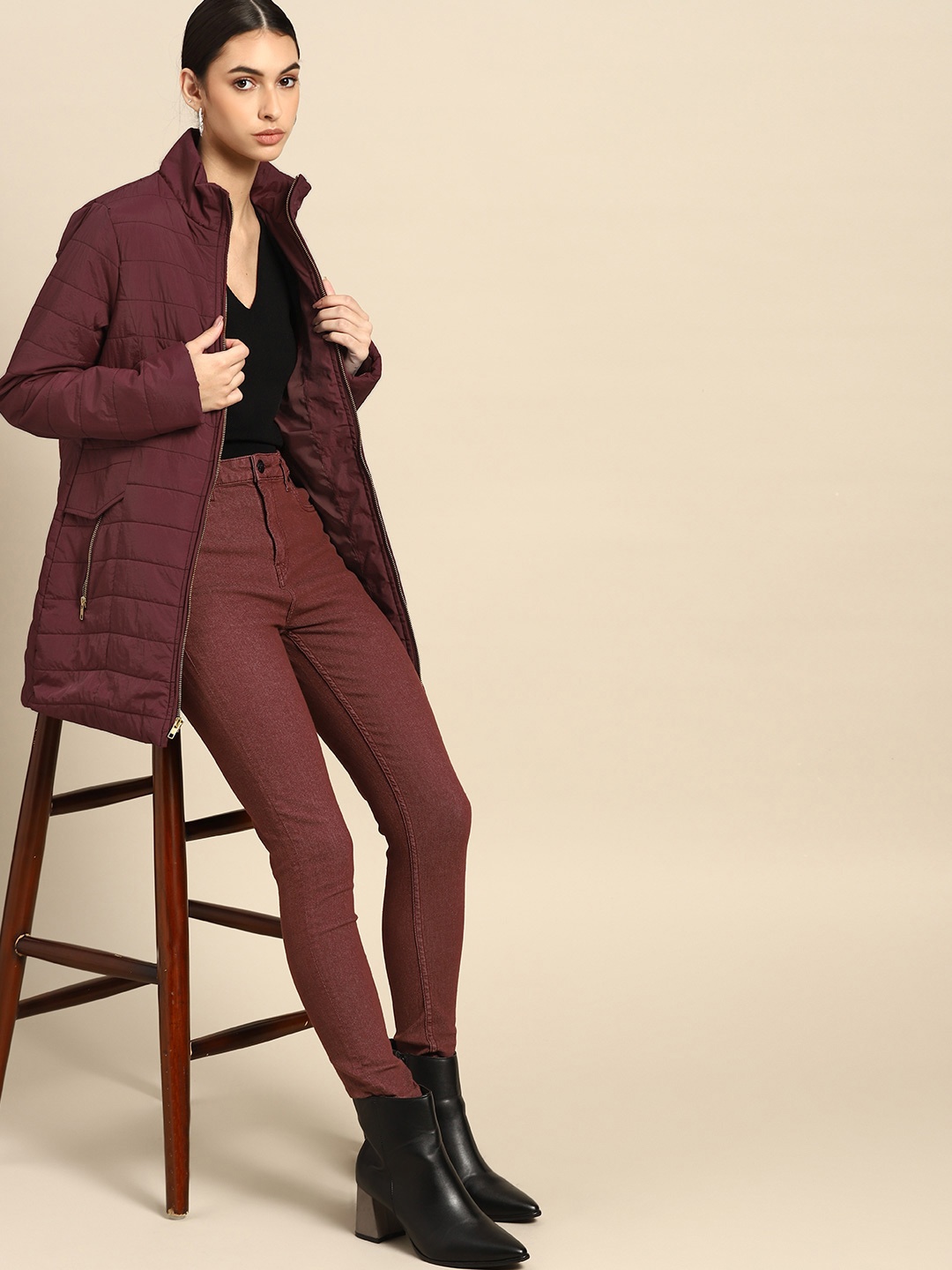 

all about you Women Burgundy Solid Padded Jacket