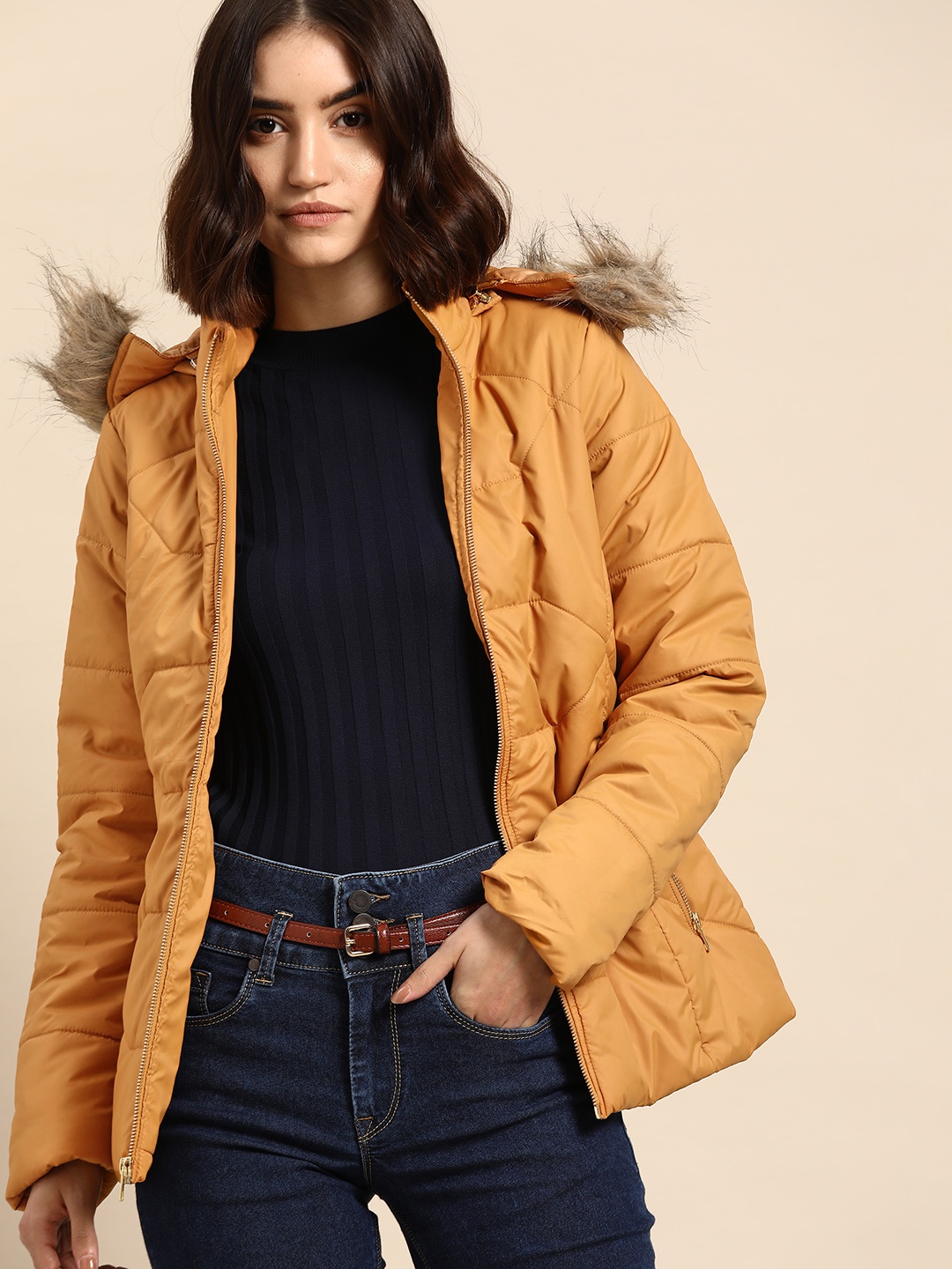 

all about you Women Mustard Yellow Solid Detachable Hood Parka Jacket