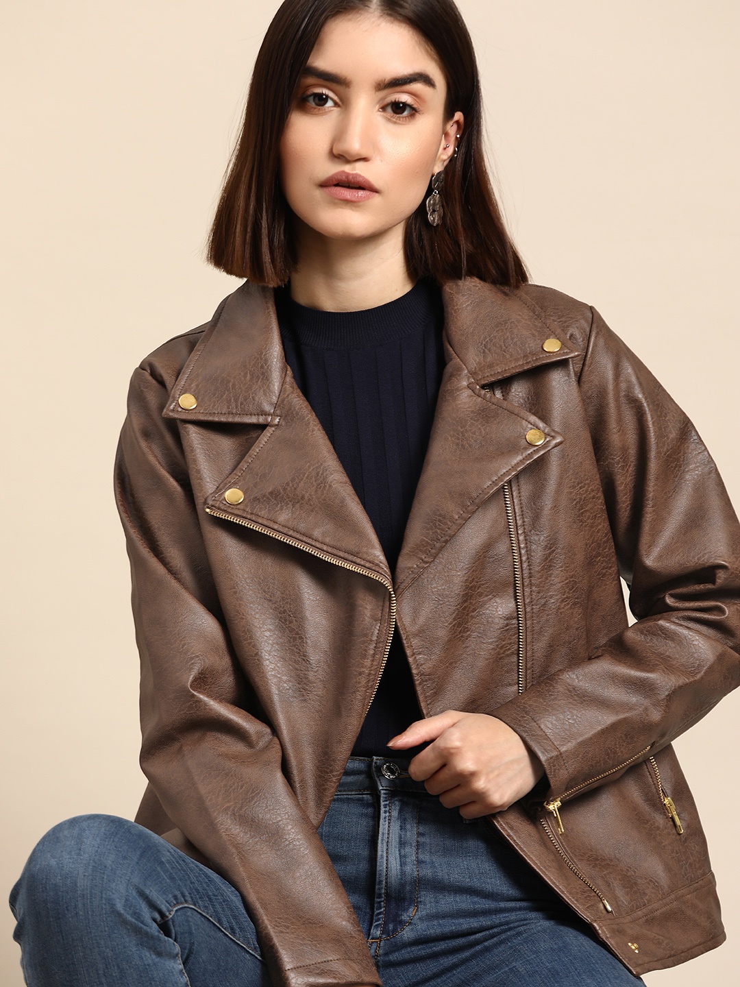 

all about you Women Brown Solid Asymmetric Closure Tailored Jacket